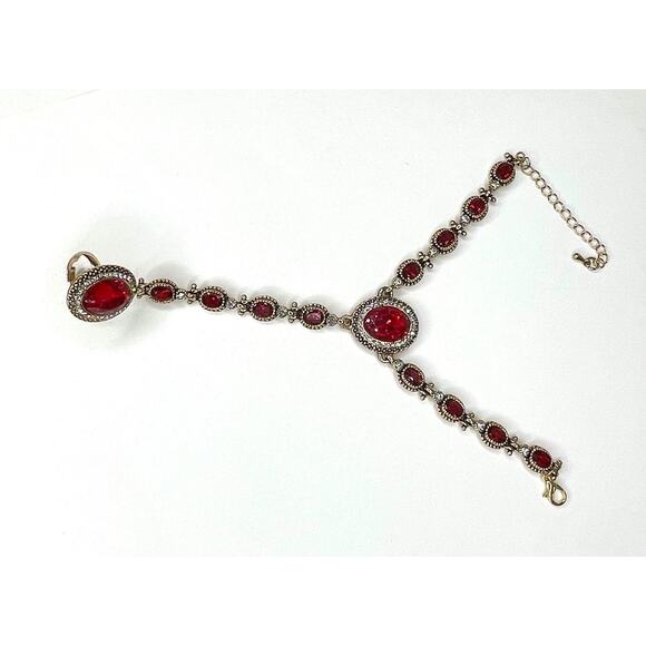 NEW Hand Bracelet Ring Red Rhinestone Gold Tone Unique Fashion Jewelry set m - Picture 8 of 10